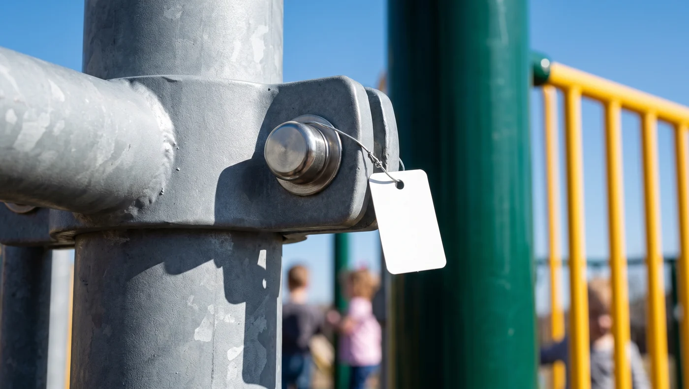 Installed playground part with its part-number label visible