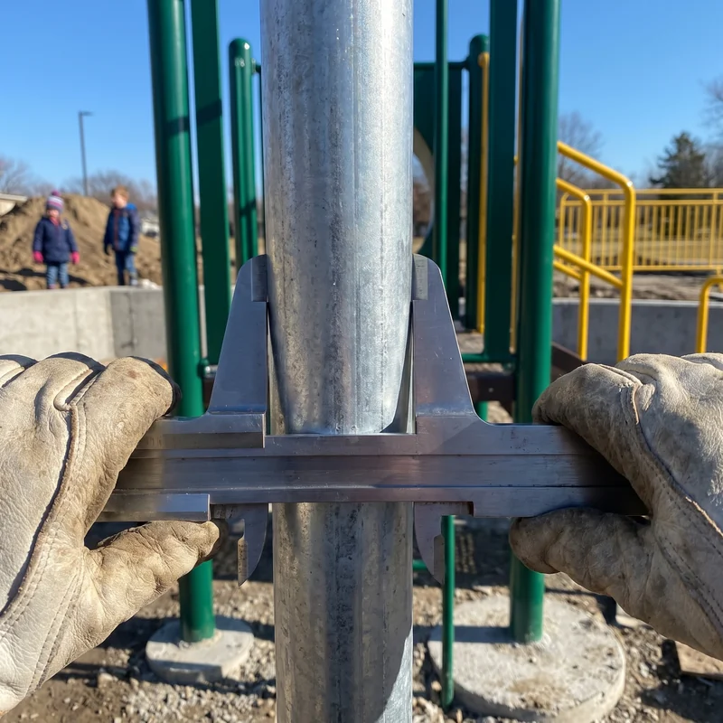 Caliper measuring a 114 mm playground post on arrival