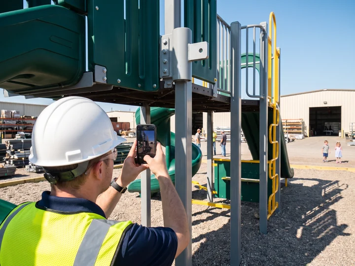 QC inspector filming a pre-assembled structure's connections
