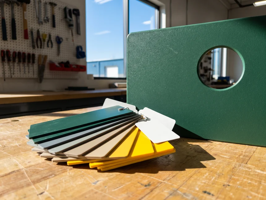 RAL color chips beside a branded HDPE play panel