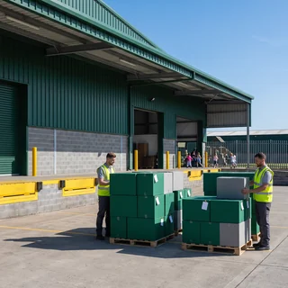 Dealer warehouse with packed playground cartons