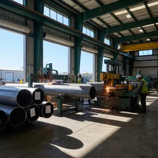 Steel tubes being cut in a workshop