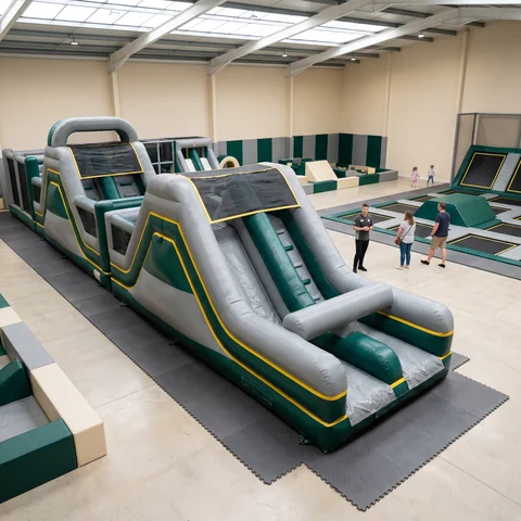 Commercial inflatable obstacle course inside an indoor venue