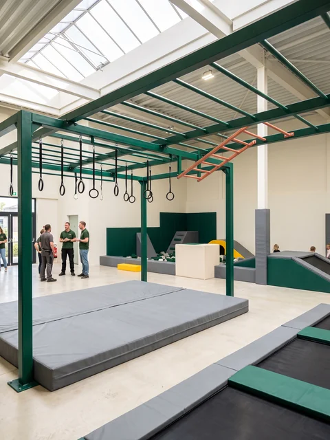 Indoor ninja course with steel frame, rings and padded landing