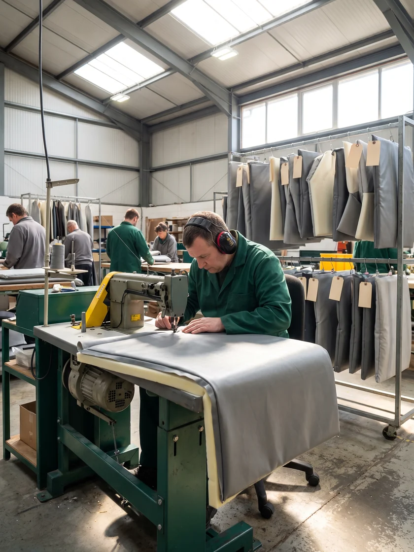 Soft play sewing workshop with padding covers hung by part number