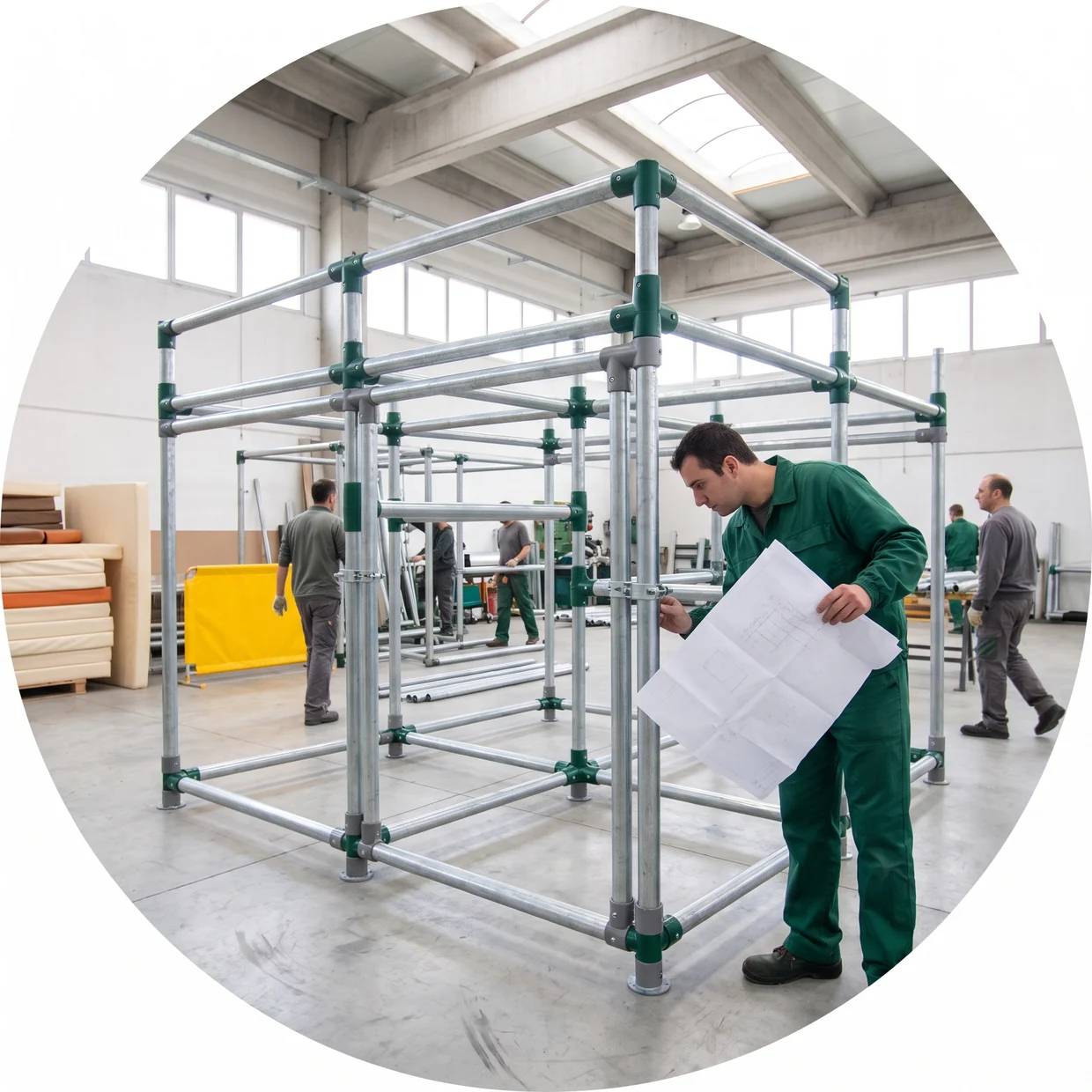 Soft play steel frame trial-assembled in the pre-assembly yard with QC checking a drawing
