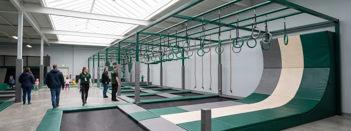 Ninja course line with steel frame and padding, side view