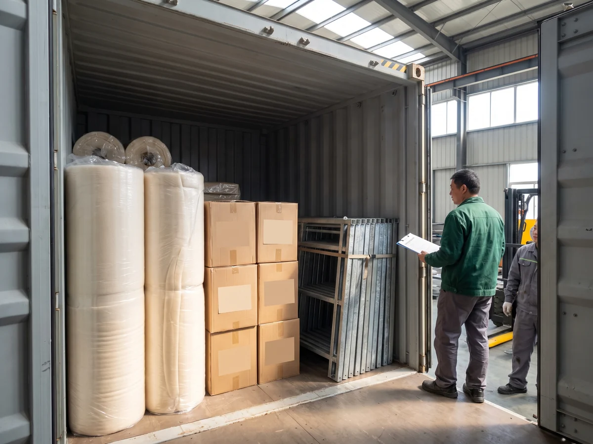 A 40HQ container half loaded with rolls, cartons and frames