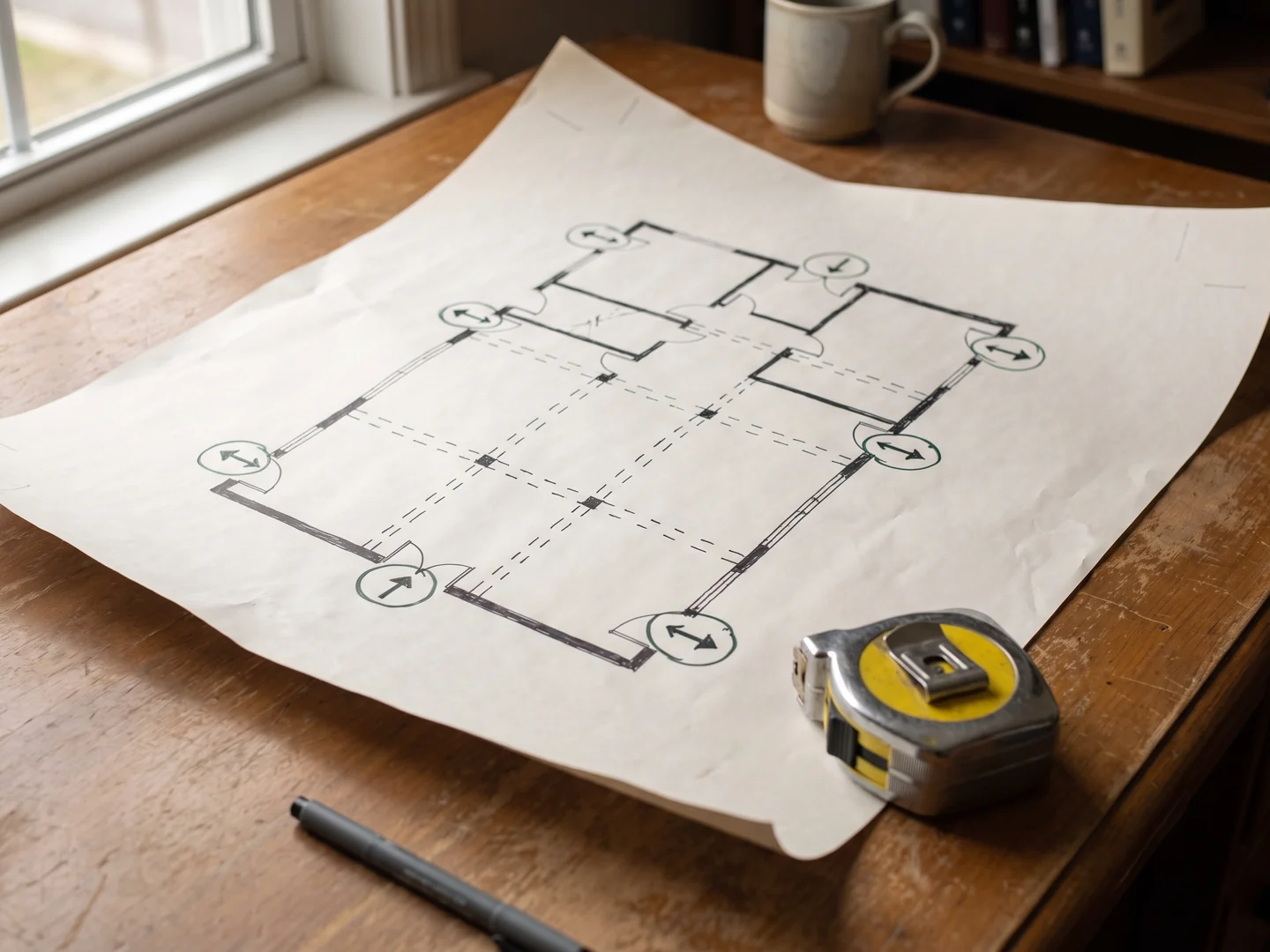 A printed venue floor plan with columns, ceiling height and exits marked