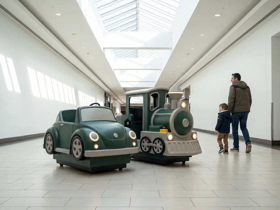 Two new coin-operated kiddie ride-on machines, a small car and a locomotive in evergreen and light grey, in a mall corridor