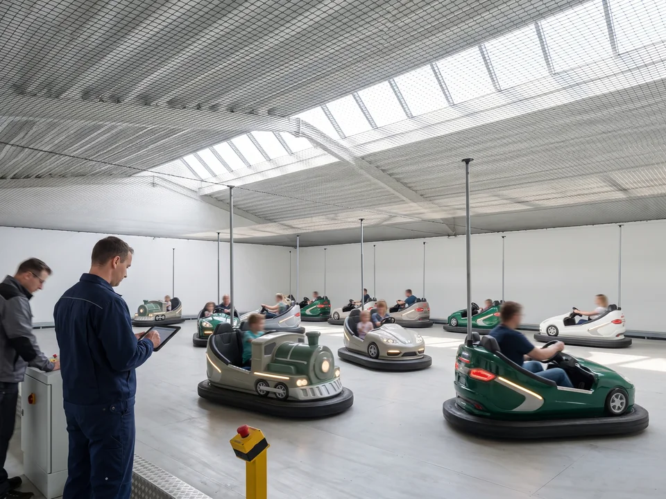 Bumper-car arena with a steel ceiling net and pole-fed cars