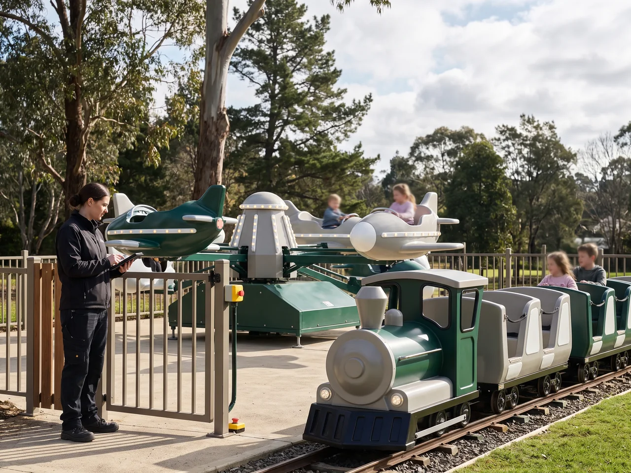 Rotating ride and kiddie train in a resort kids zone