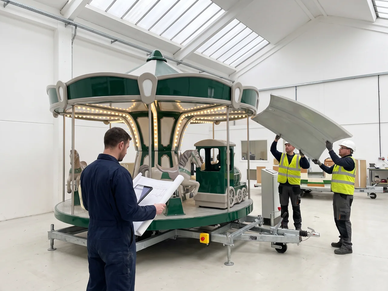 Carousel being assembled at the partner factory while our QC checks it against the drawing