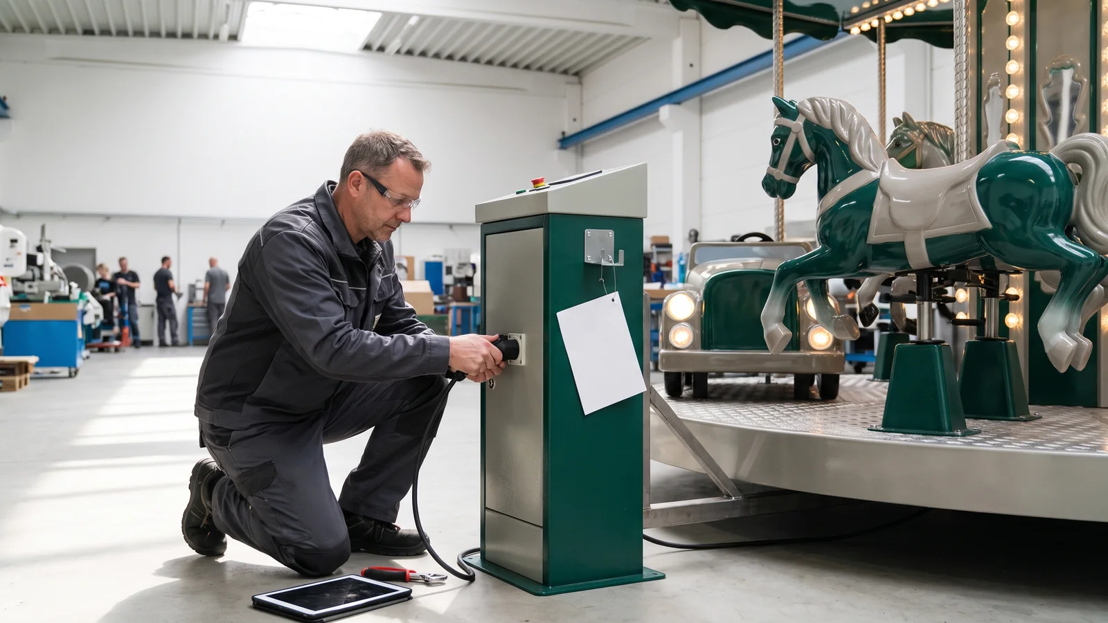 QC inspector plugging the destination-market plug into a ride control box