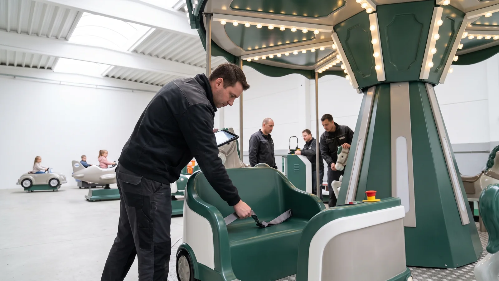 QC inspector pulling a seat belt on a carousel seat