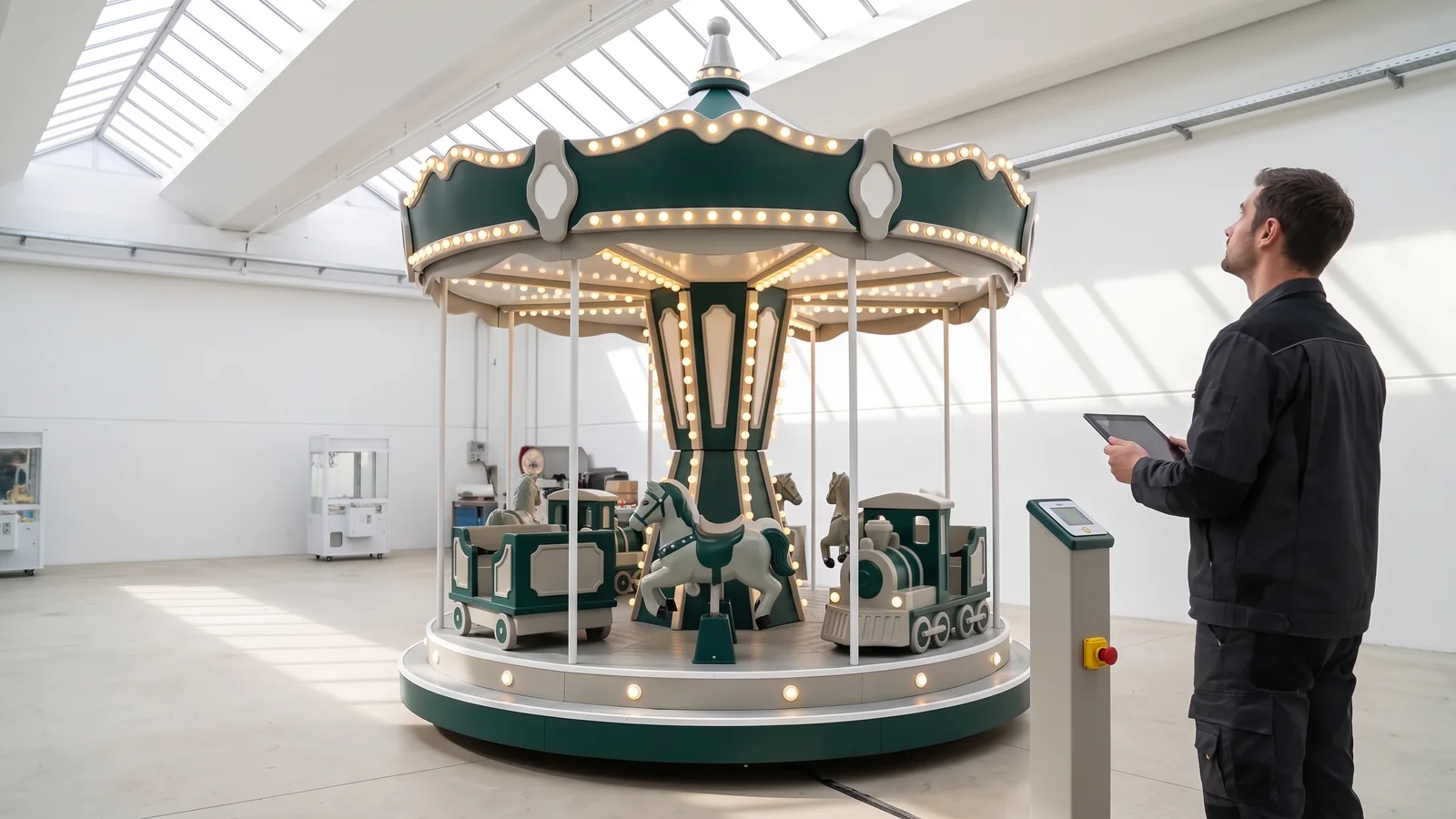 Carousel canopy and centre column with all LED lights on during the run test