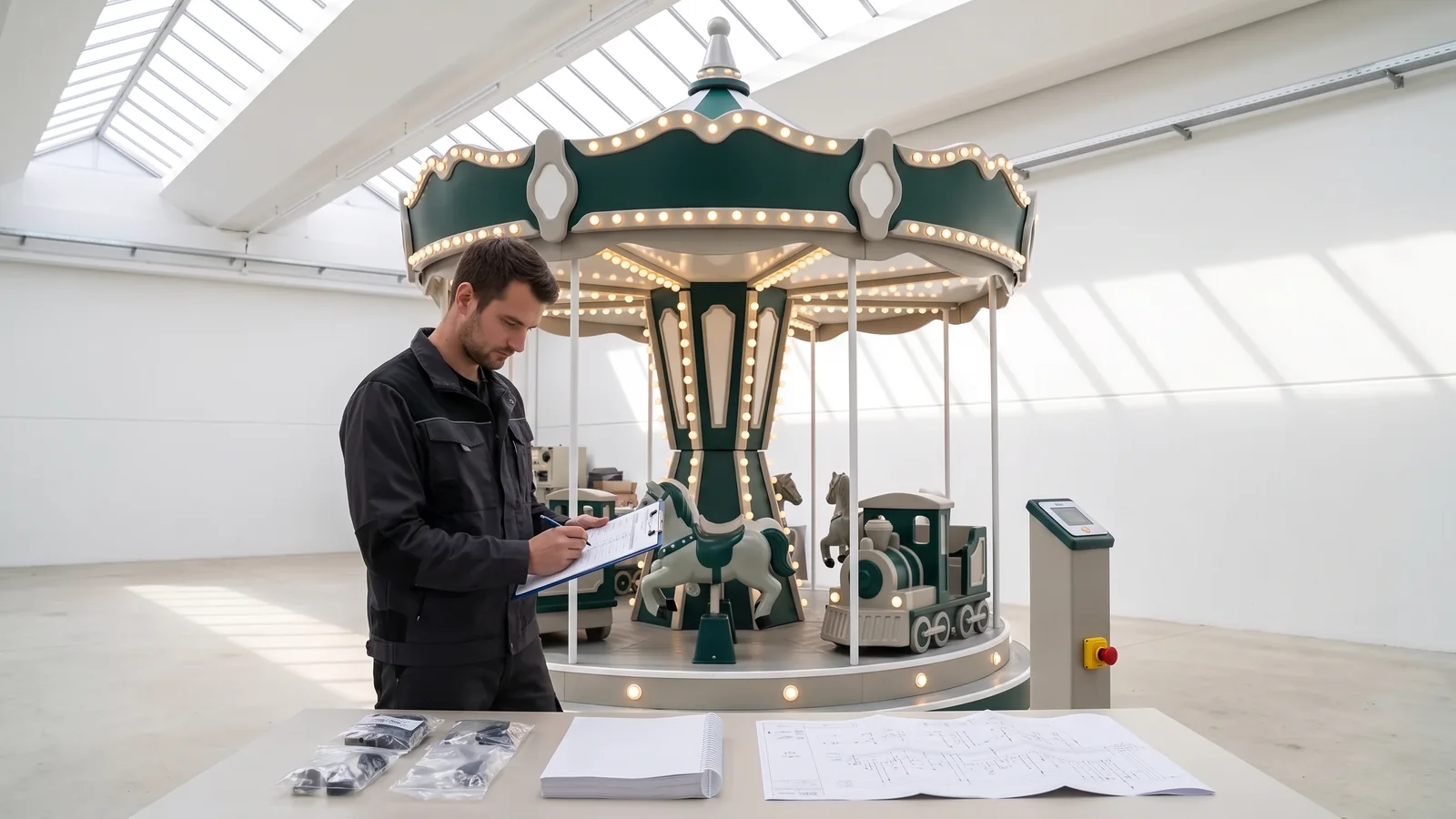 Wear parts, manual and wiring diagram laid out and counted in front of the carousel
