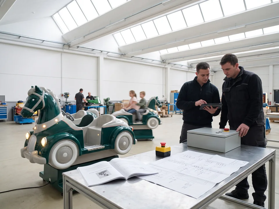 English operation manual and a wiring diagram open on a table