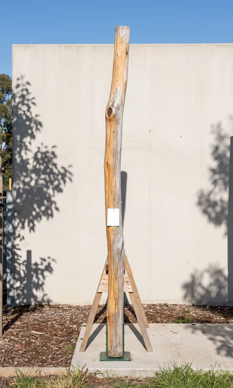 Timber piece L1-007, a Robinia upright, photographed with its part tag before loading