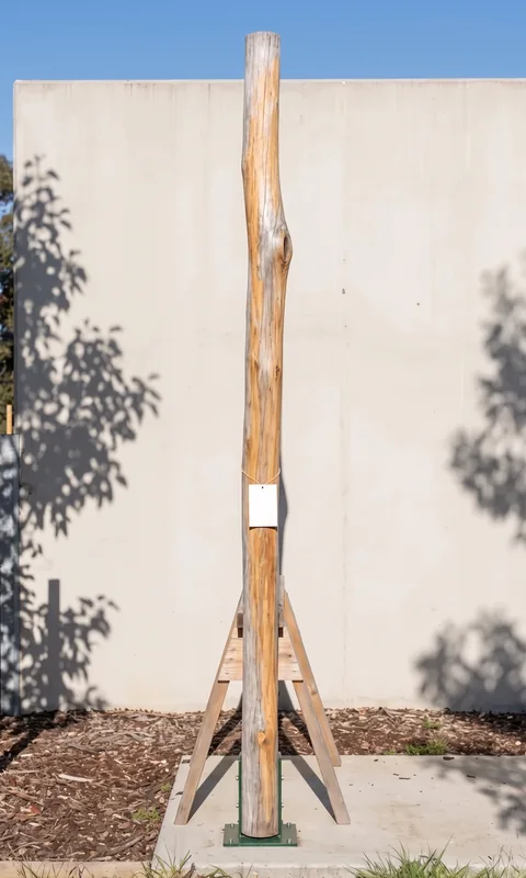 Timber piece L1-003, a Robinia beam, photographed with its part tag before loading