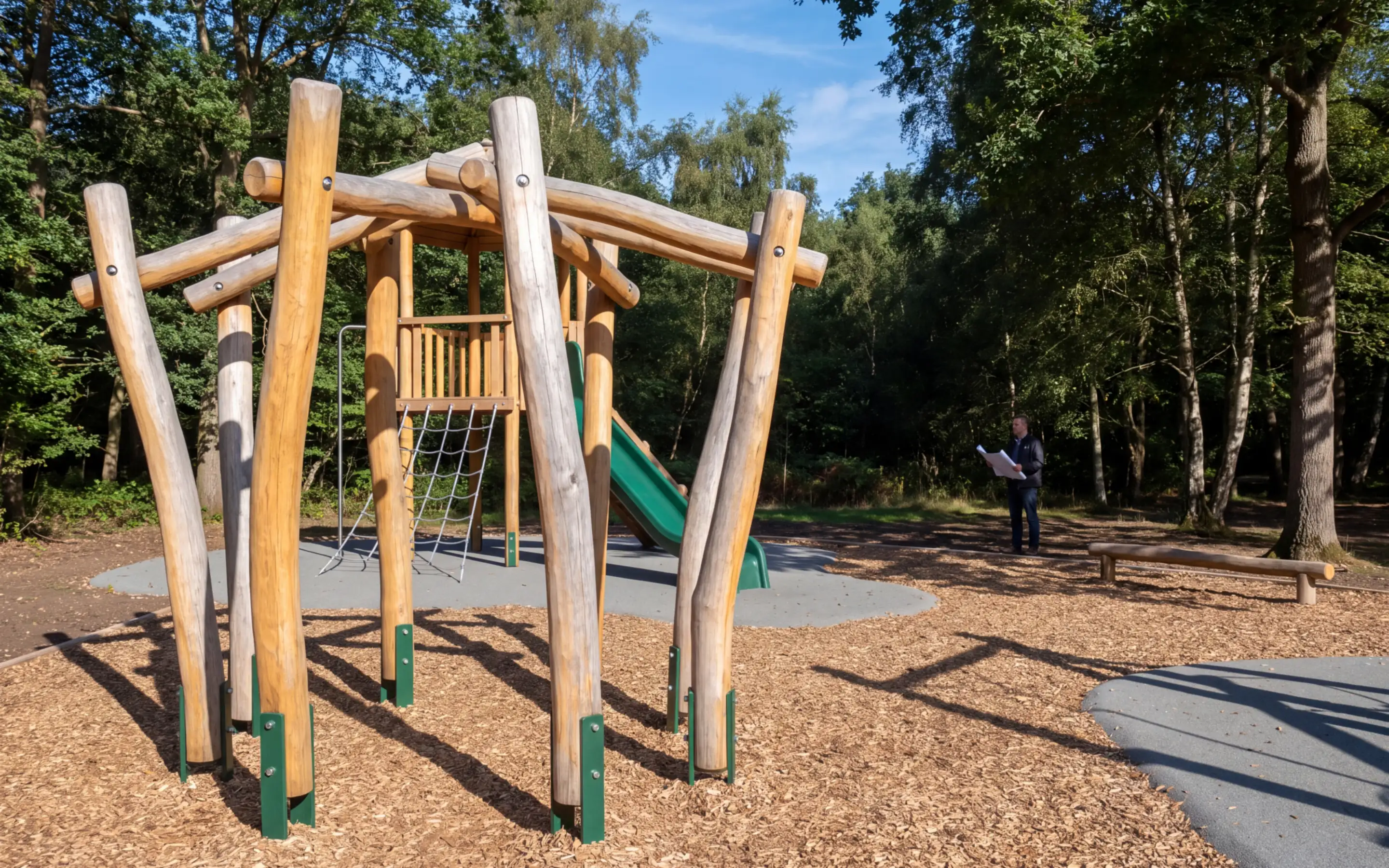 A debarked Robinia climbing frame and a Robinia tower with an evergreen slide at a woodland edge, every upright standing in an evergreen steel post shoe above the surfacing