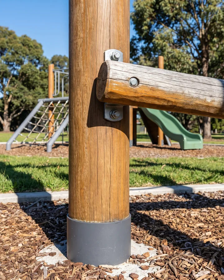 Close-up of timber-look powder-coated steel with a wood-grain finish and a capped bolt