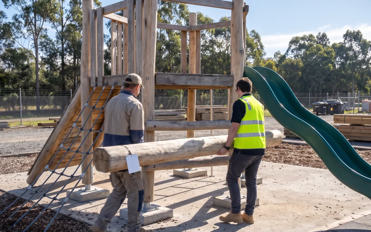 A frame from the trial-fit video: two yard workers carry Robinia beam L1-003 with its part tag towards the tower