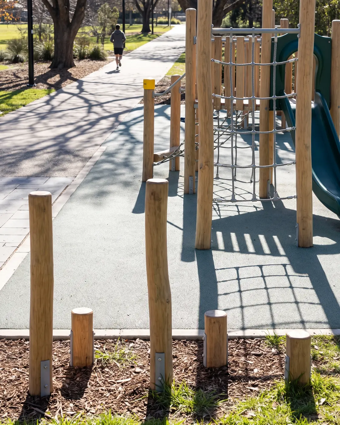 Timber-look steel stepping posts and a climbing frame along a busy park path