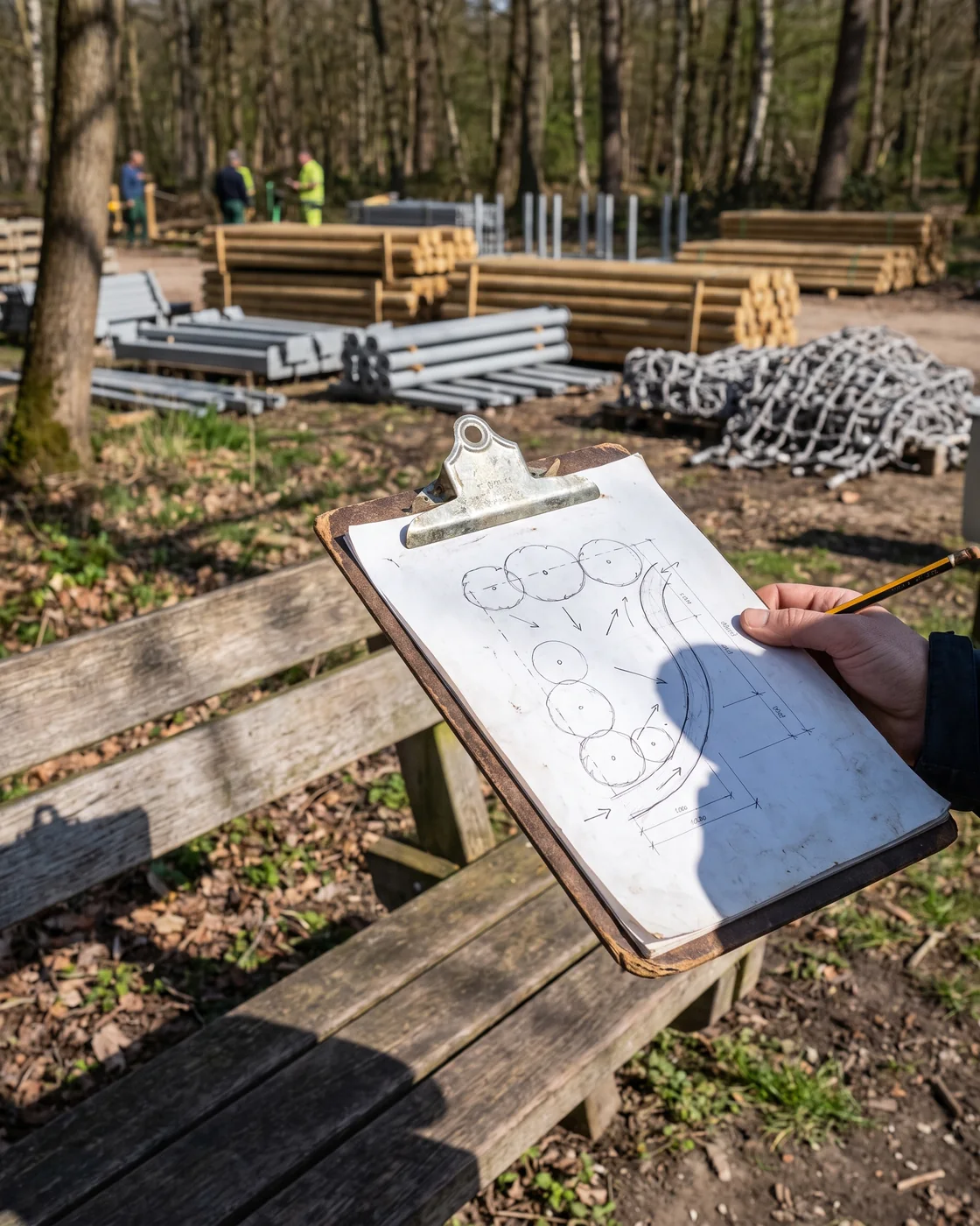 A hand-marked site plan on a clipboard: tree canopies circled, slope arrows, a path and dimension lines drawn in pencil