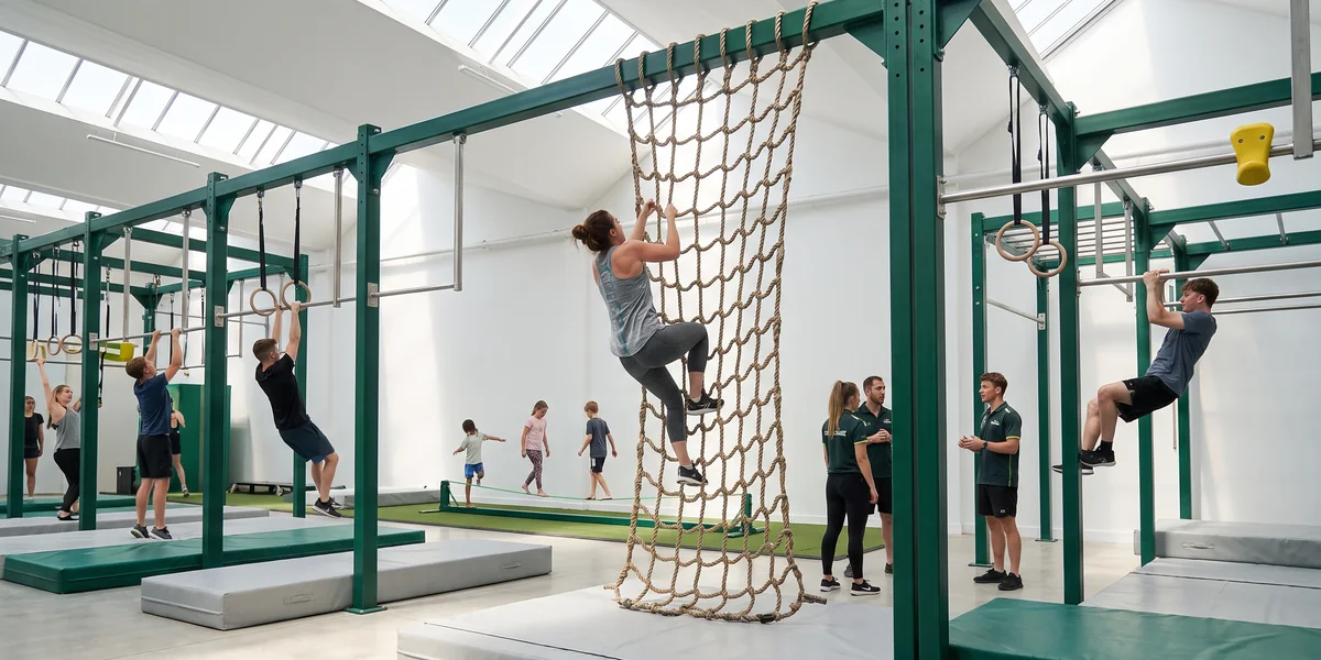 An adult climbing a cargo net of steel-core rope hung from the rig