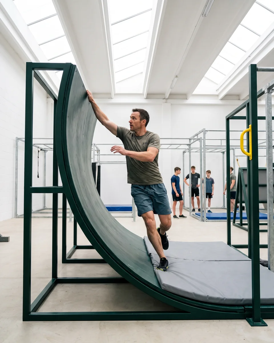 An adult running up the curved face of a warped wall and reaching for the top edge
