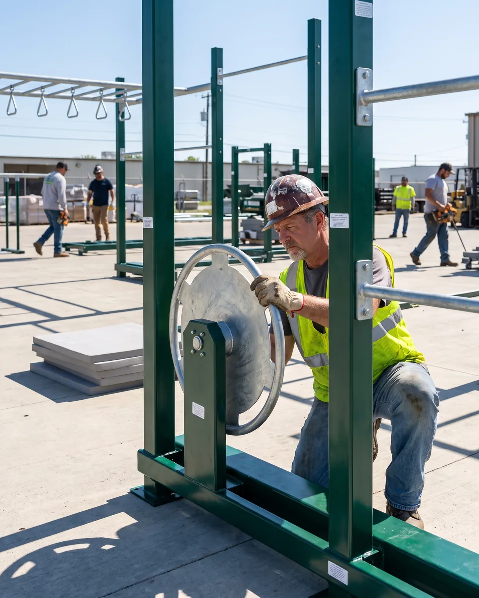 A spinning wheel on its hang point at trial assembly, turned by a QC inspector