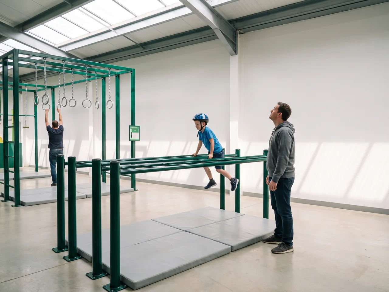 A kids' line: a child on low monkey bars, a parent beside