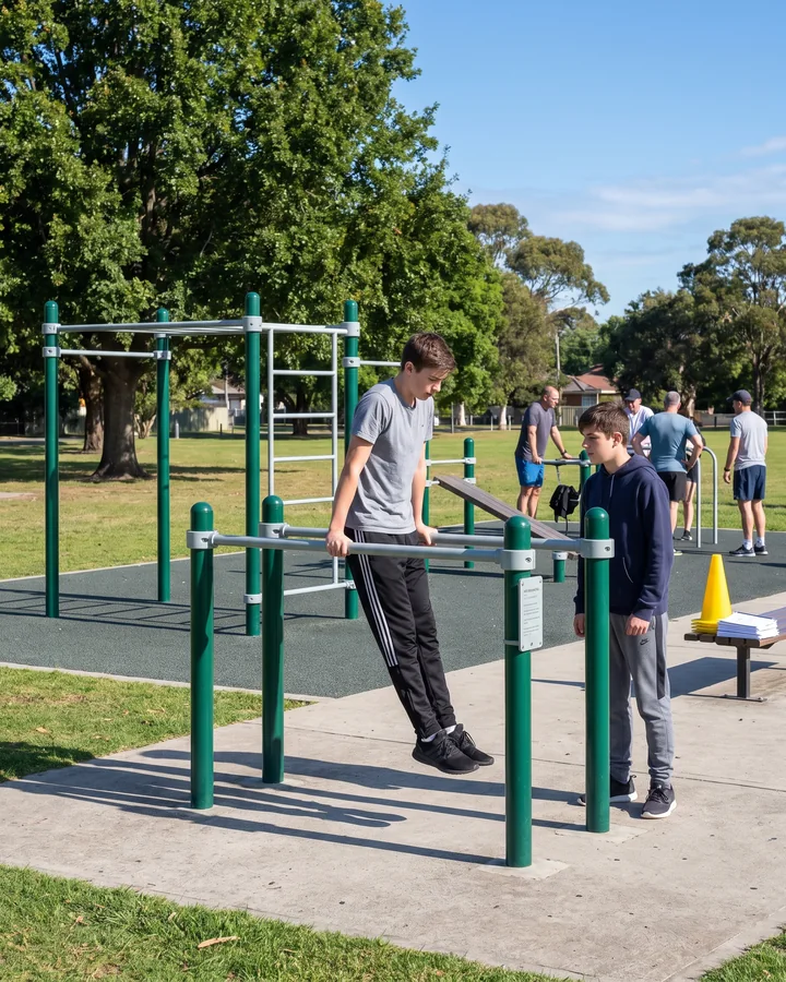 A teenager holding himself up on parallel bars at an outdoor calisthenics station