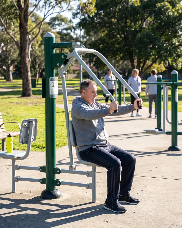 A man in his fifties pushing the handles of a seated chest press