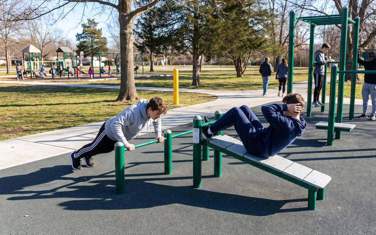 Two teenagers on push-up bars and a sit-up bench