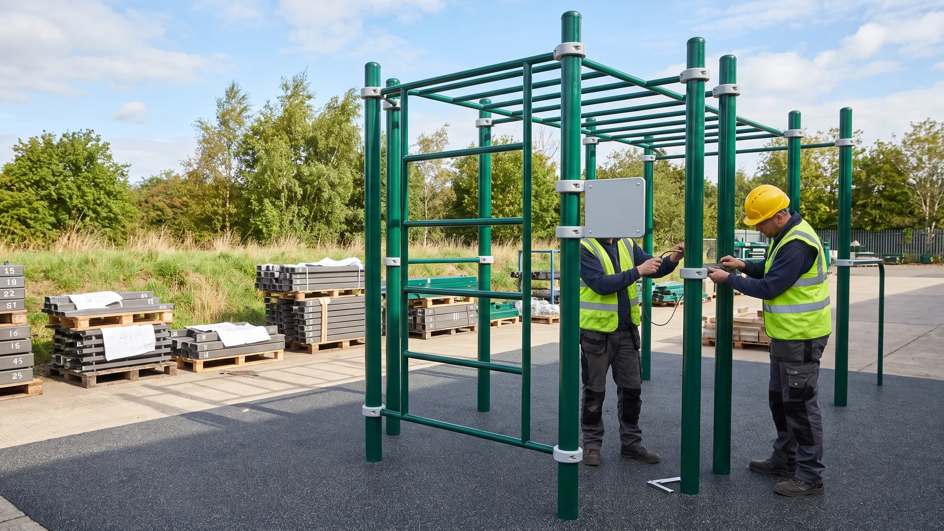 A calisthenics rig fully assembled in the pre-assembly yard while QC checks a bar connection