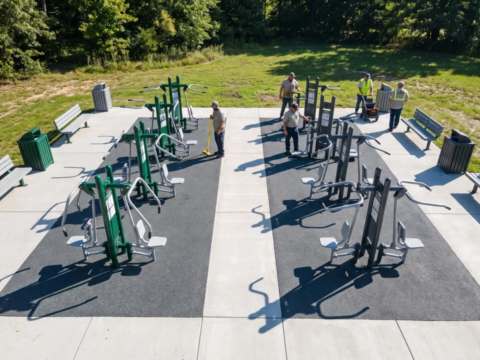 Two sets of the same fitness stations, one evergreen and one dark grey