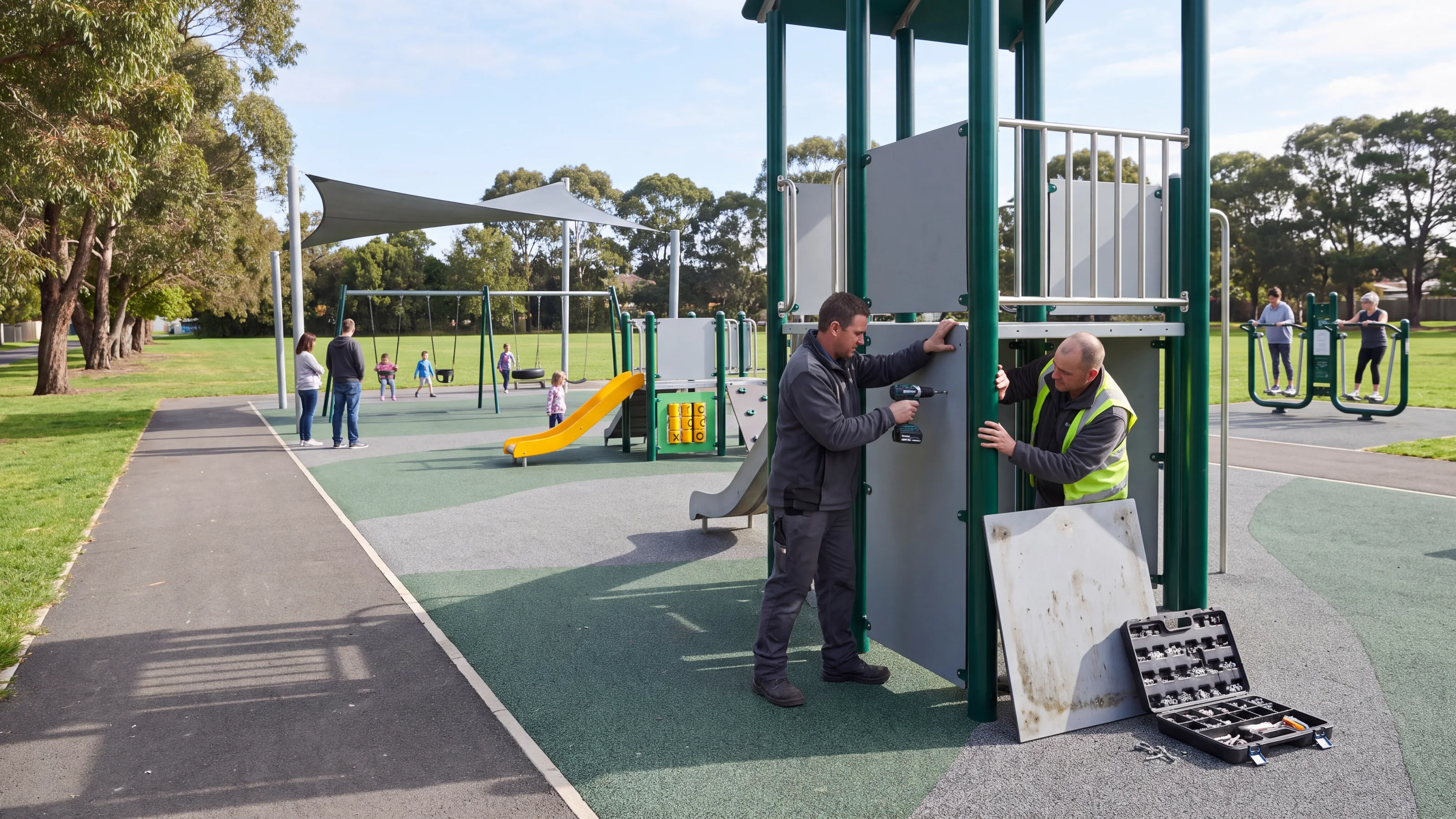 A community park in morning light where a two-person parks maintenance crew replaces a grey HDPE panel on a play structure, with a toddler structure, swings, shade and fitness stations behind