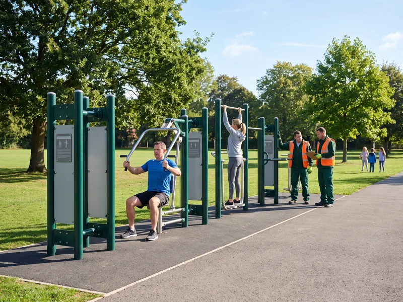 Outdoor fitness stations beside a park path in use by adults