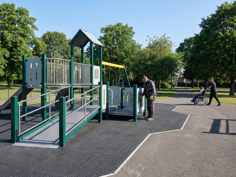 A ramp and transfer platform leading to an upper deck, with ground-level play panels