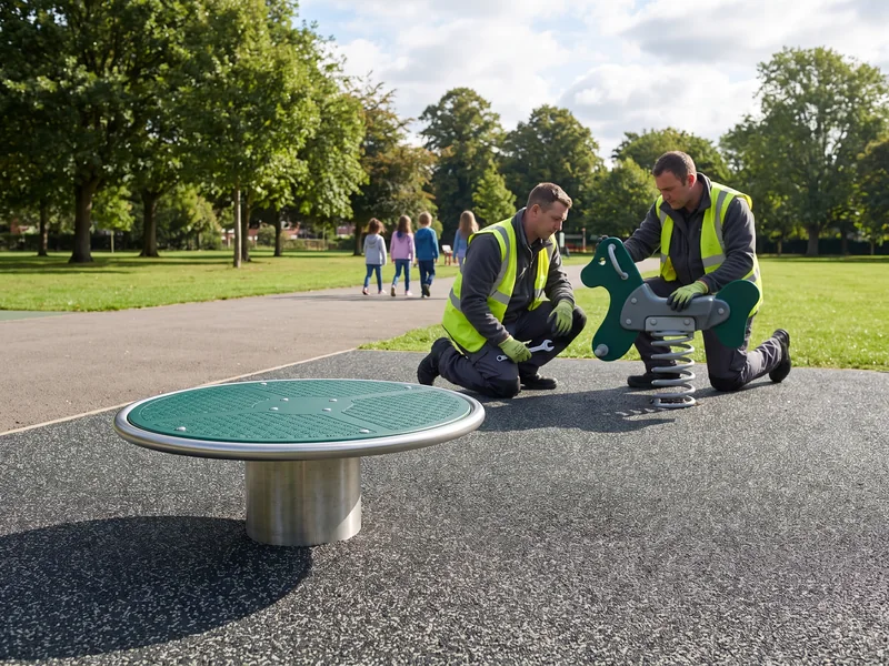 Sealed-bearing spinner and a rotomolded spring rider on park surfacing