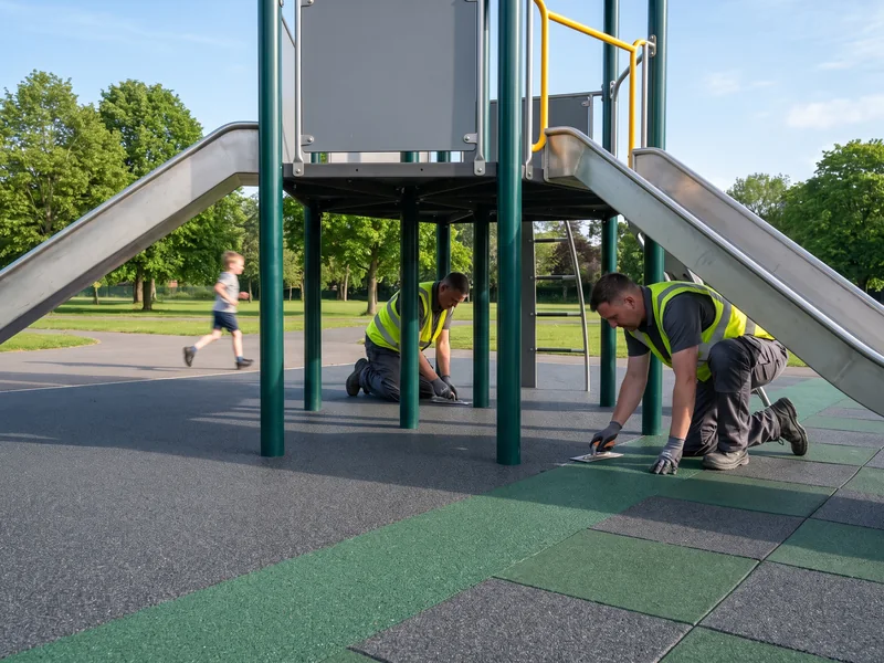 Poured-in-place rubber surfacing and rubber tiles under a play structure