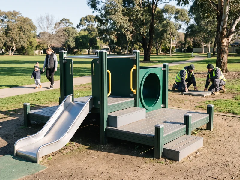 Low 2–5 play structure with short slides, a crawl tunnel and ground-level play panels in a park