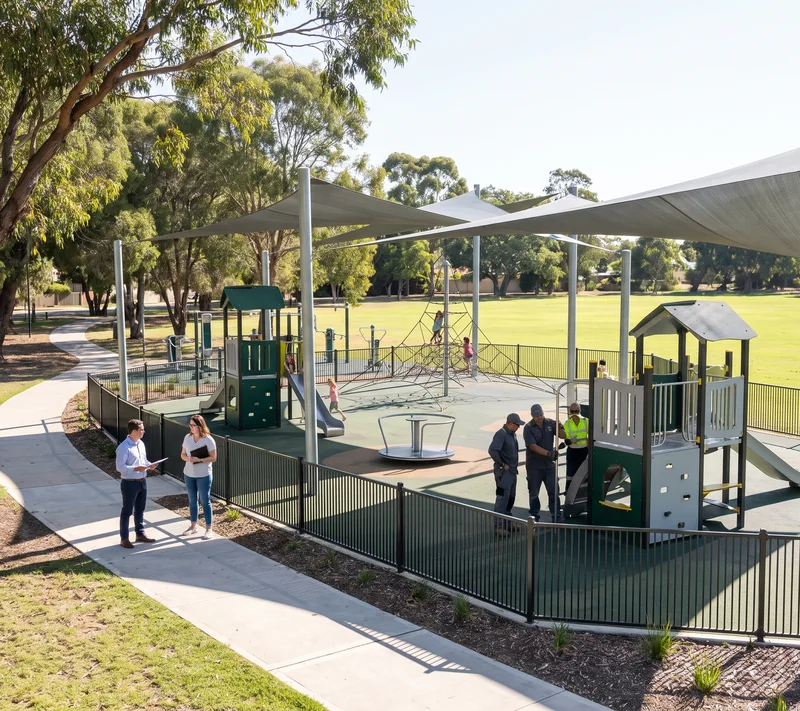 Community park with separate structures, spinners and rope nets between zones and a fitness area beyond