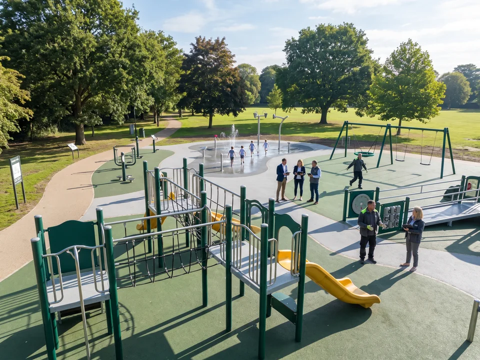 Destination park with a large themed structure, fitness trail, splash pad and inclusive play area
