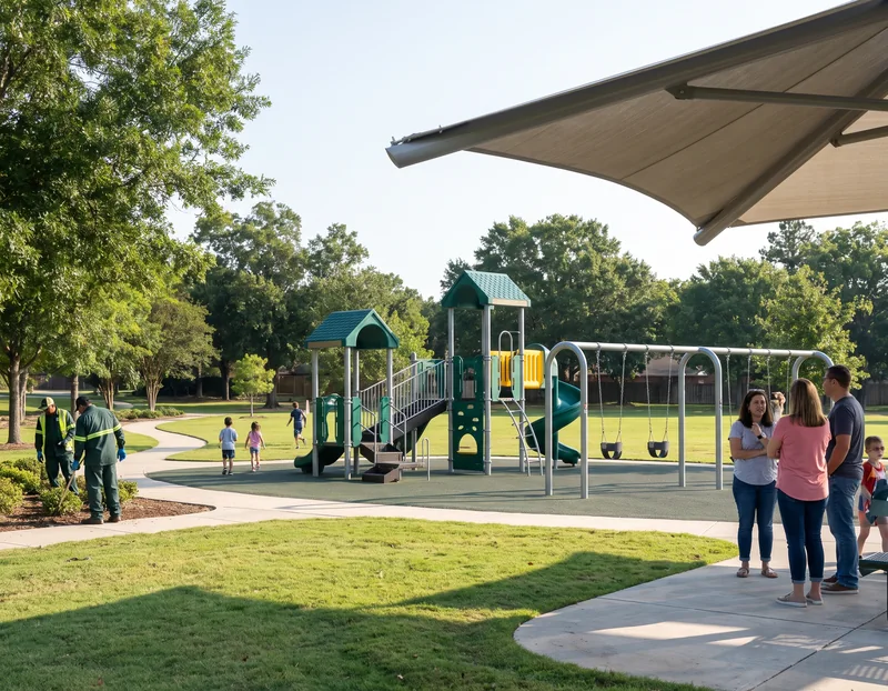 Neighborhood park with a 2–5 zone and a 5–12 zone side by side, a swing bay and shade