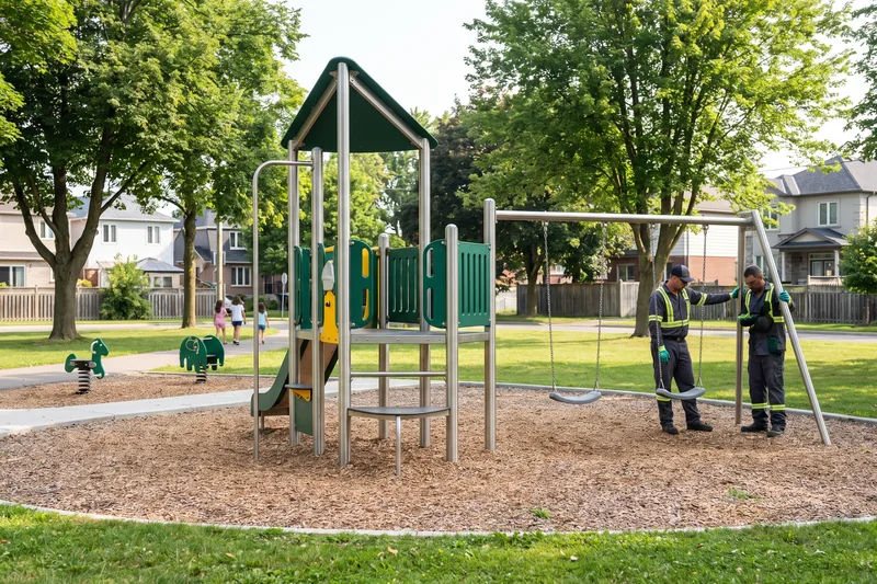 Pocket park on a corner lot with a compact play structure, freestanding swings and spring riders
