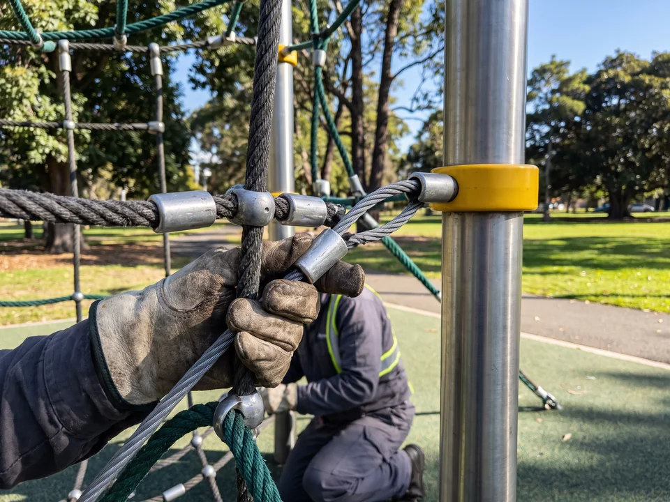 A rope net section being changed at its connectors