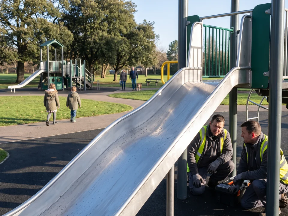 A brushed stainless steel wave slide on a park play structure